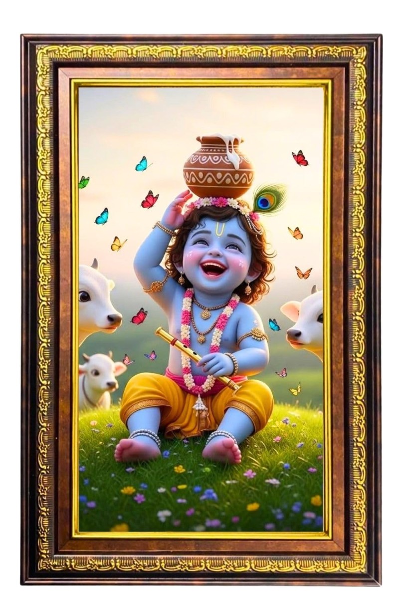 Lord Krishna Digital Golden Balck Color Photo Frame | Hindu Religious Wall Decor | 18x24 Inches - Inspirational Wall Art For Office, Home Decor - Ideal Spiritual Gift (F16817)