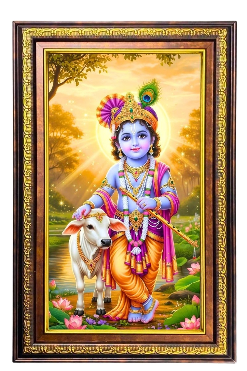 Lord Krishna Digital Golden Balck Color Photo Frame | Hindu Religious Wall Decor | 18x24 Inches - Inspirational Wall Art For Office, Home Decor - Ideal Spiritual Gift (F16795)