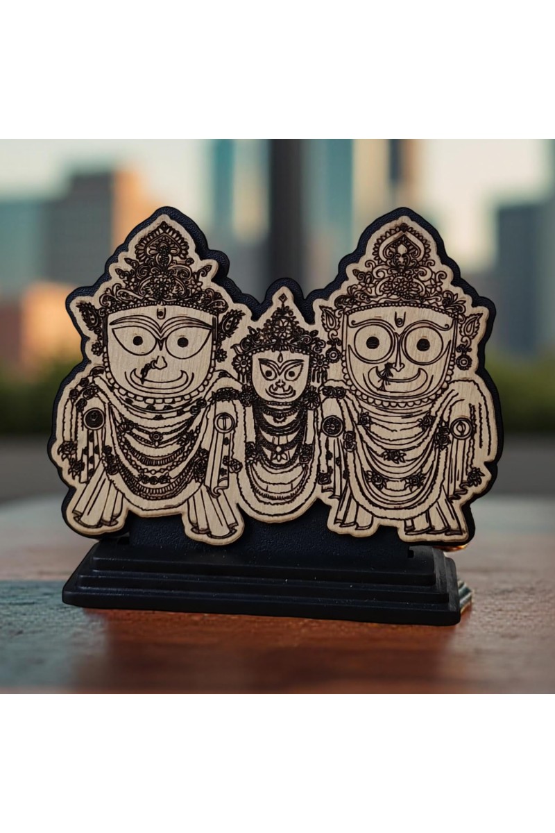 HiTechMart Wooden Jagannath Balabhadra Subhadra Idol on Stand – Handcrafted Decorative Statue for Car Dashboard, Home Mandir & Office Table – Spiritual Hindu Gift & Temple Decor