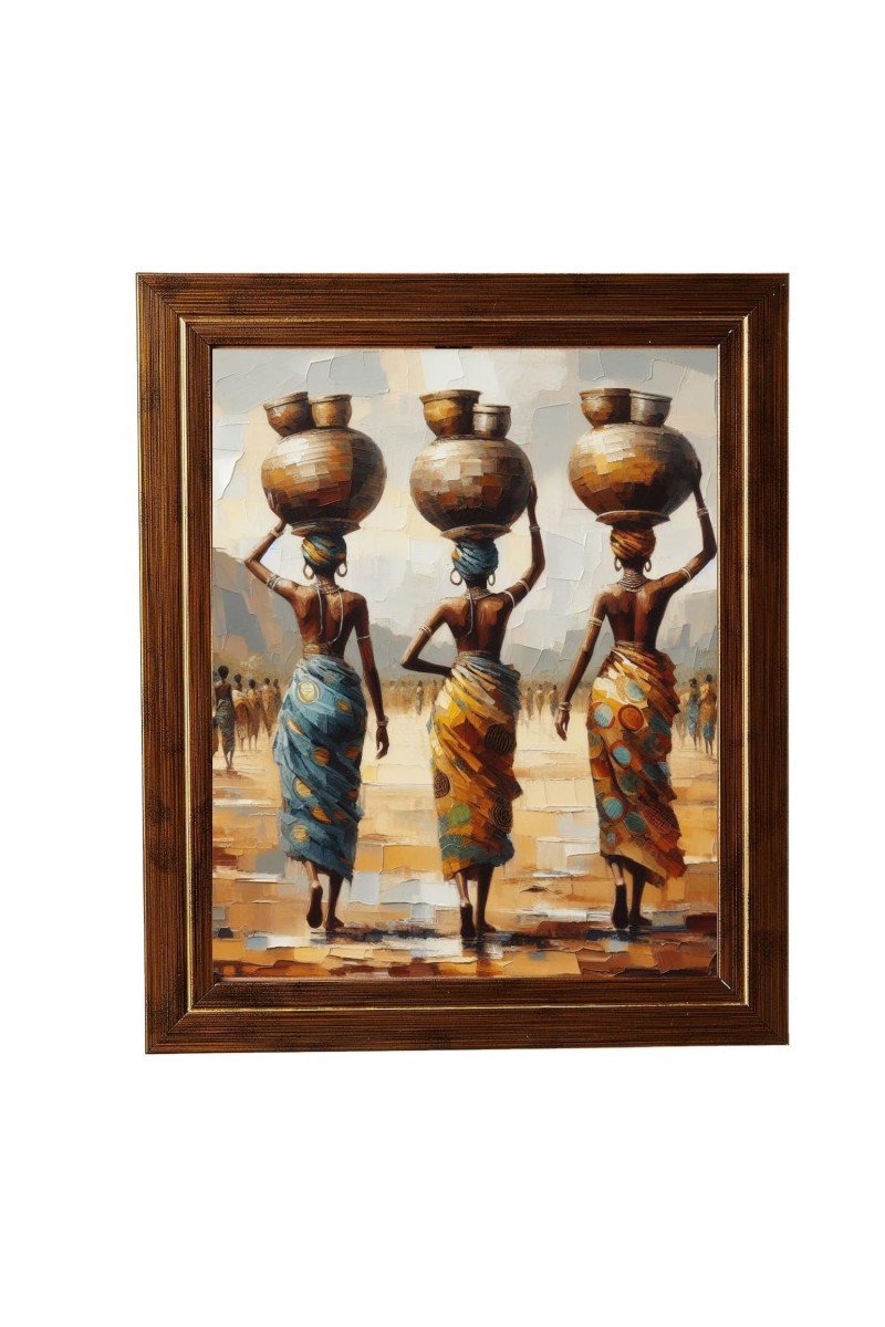 Hitech Sales Painting of Three African Women Carrying Pots Photo Frame for Kids Room, Bedroom, Living Room (Wall and Tabletop, Rectangular, Printed Photo, 12 x 14 inches Frame, Brown)