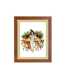 Colored Krishna with Herd of Cows |Beautiful Handcrafted Spiritual Art Print |Divine HomeDecoration |Ideal for Puja Room and Religious Altars