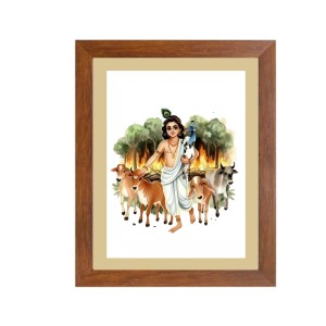 Colored Krishna with Herd of Cows |Beautiful Handcrafted Spiritual Art Print |Divine HomeDecoration |Ideal for Puja Room and Religious Altars