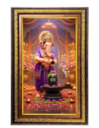 Lord Ganesha Digital Golden Balck Color Photo Frame | Hindu Religious Wall Decor | 18x24 Inches - Inspirational Wall Art For Office, Home Decor - Ideal Spiritual Gift (F16827)