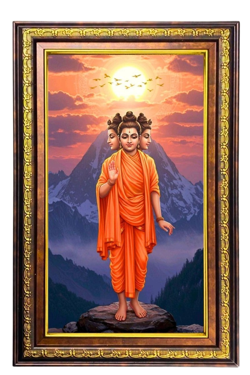 Lord Dattatreya Digital Golden Balck Color Photo Frame | Hindu Religious Wall Decor | 12x18 Inches - Inspirational Wall Art For Office, Home Decor - Ideal Spiritual Gift (F16668)