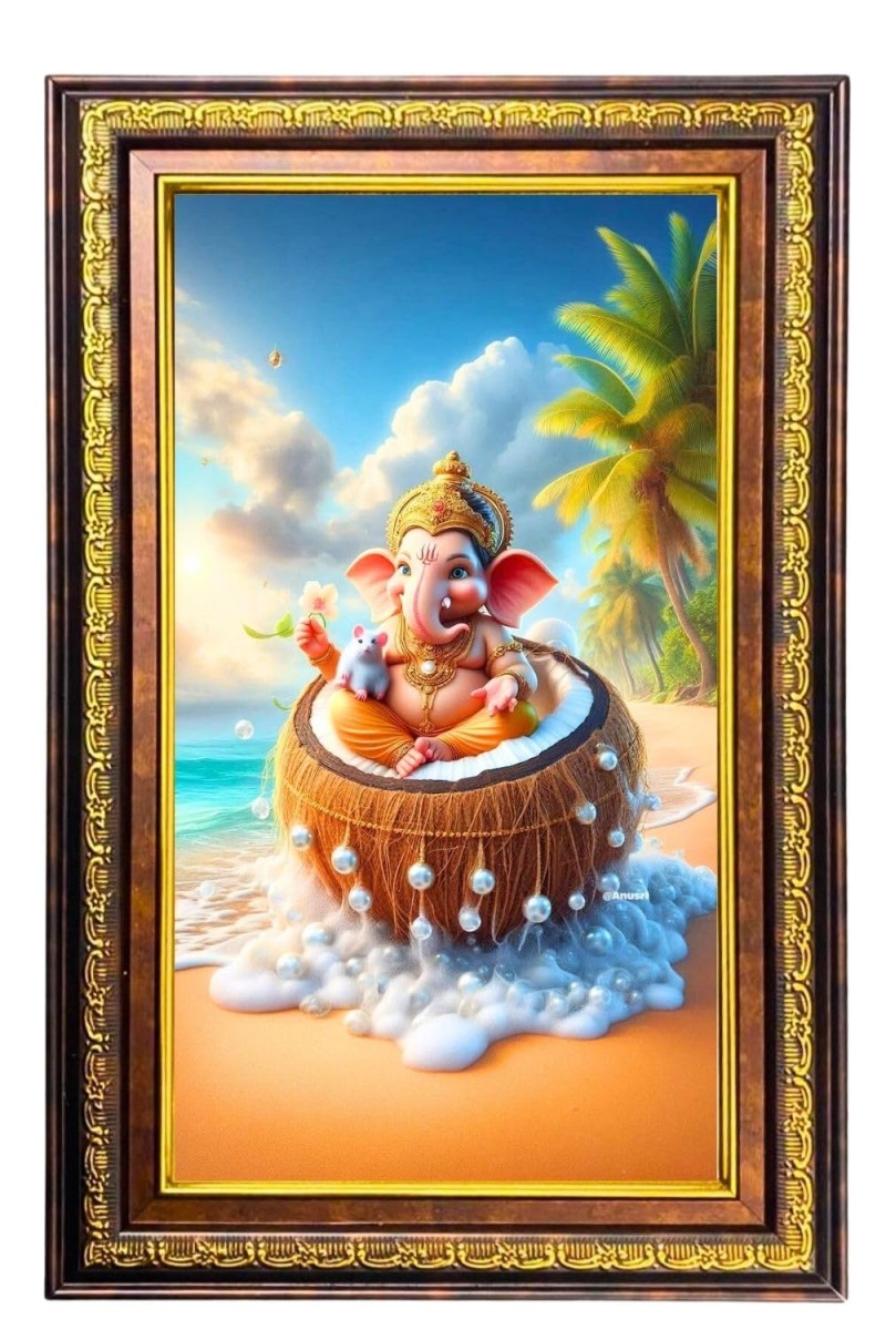Lord Ganesha Digital Golden Balck Color Photo Frame | Hindu Religious Wall Decor | 10x16 Inches - Inspirational Wall Art For Office, Home Decor - Ideal Spiritual Gift (F16814)