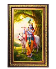 Lord Krishna Digital Golden Balck Color Photo Frame | Hindu Religious Wall Decor | 18x24 Inches - Inspirational Wall Art For Office, Home Decor - Ideal Spiritual Gift (F16546)