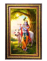 Lord Krishna Digital Golden Balck Color Photo Frame | Hindu Religious Wall Decor | 18x24 Inches - Inspirational Wall Art For Office, Home Decor - Ideal Spiritual Gift (F16546)