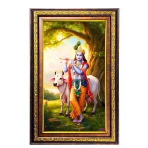 Lord Krishna Digital Golden Balck Color Photo Frame | Hindu Religious Wall Decor | 12x18 Inches - Inspirational Wall Art For Office, Home Decor - Ideal Spiritual Gift (F16546)