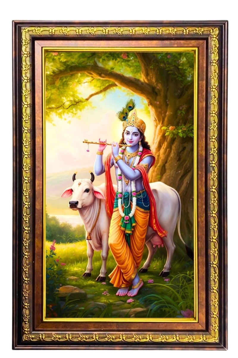 Lord Krishna Digital Golden Balck Color Photo Frame | Hindu Religious Wall Decor | 18x24 Inches - Inspirational Wall Art For Office, Home Decor - Ideal Spiritual Gift (F16546)