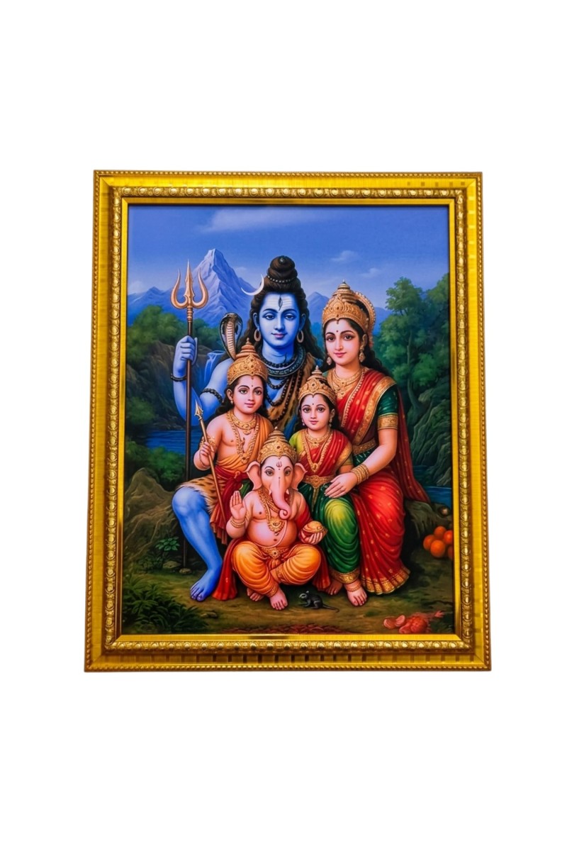 Shiva Parvati Family Photo Frame with Lord Ganesha & Kartikeya &ndash; Golden Decorative Religious Wall Art Frame for Home Temple, Living Room & Office | HD Printed Divine Hindu God Poster with Premium Frame