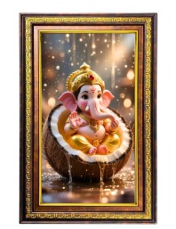 Lord Ganesha Digital Golden Balck Color Photo Frame | Hindu Religious Wall Decor | 14x20 Inches - Inspirational Wall Art For Office, Home Decor - Ideal Spiritual Gift (F16812)