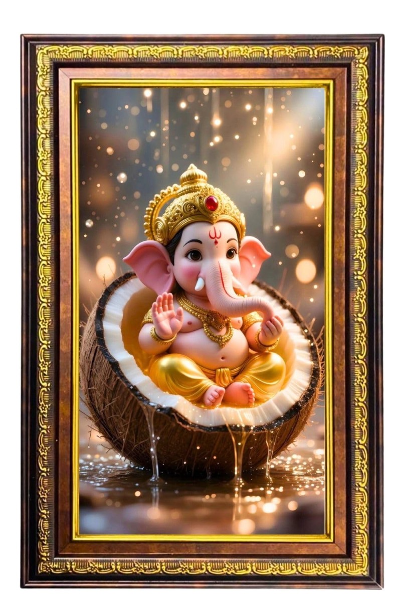 Lord Ganesha Digital Golden Balck Color Photo Frame | Hindu Religious Wall Decor | 10x16 Inches - Inspirational Wall Art For Office, Home Decor - Ideal Spiritual Gift (F16812)