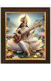 Mata Saraswati Devi Goddess of Knowledge Painting Photo Frame for Living Room, Bedroom, Home Decor and Wall Decoration (10x12 Inch, Paper, With Glass)