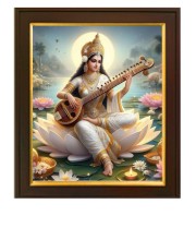 Mata Saraswati Devi Goddess of Knowledge Painting Photo Frame for Living Room, Bedroom, Home Decor and Wall Decoration (10x12 Inch, Paper, With Glass)