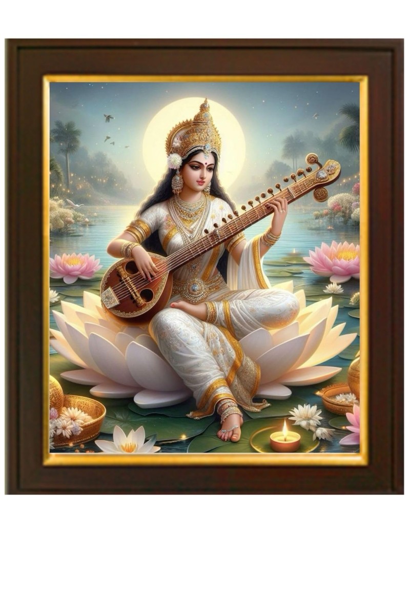 Mata Saraswati Devi Goddess of Knowledge Painting Photo Frame for Living Room, Bedroom, Home Decor and Wall Decoration (10x12 Inch, Paper, With Glass)