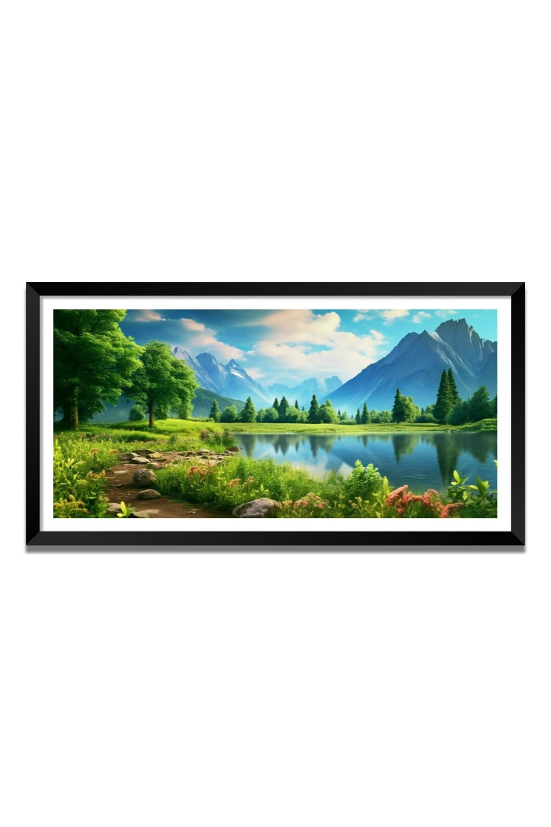 Nature Landscape Floating Frame Scenery Digital Print - (I5739) - 24x48 inch Modern Nature Wall Art for Living Room, Bedroom, Office, Hotels, Drawing Room