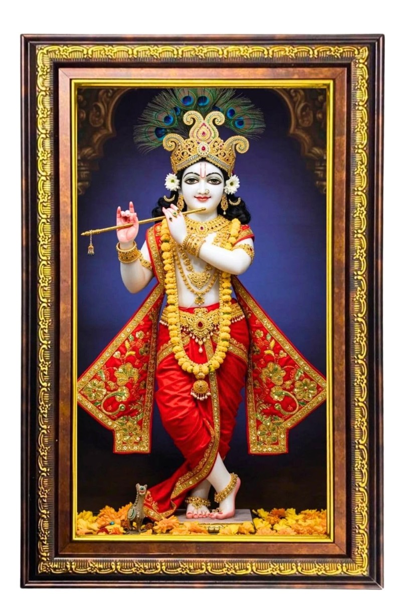 Lord Krishna Digital Golden Balck Color Photo Frame | Hindu Religious Wall Decor | 18x24 Inches - Inspirational Wall Art For Office, Home Decor - Ideal Spiritual Gift (F16653)
