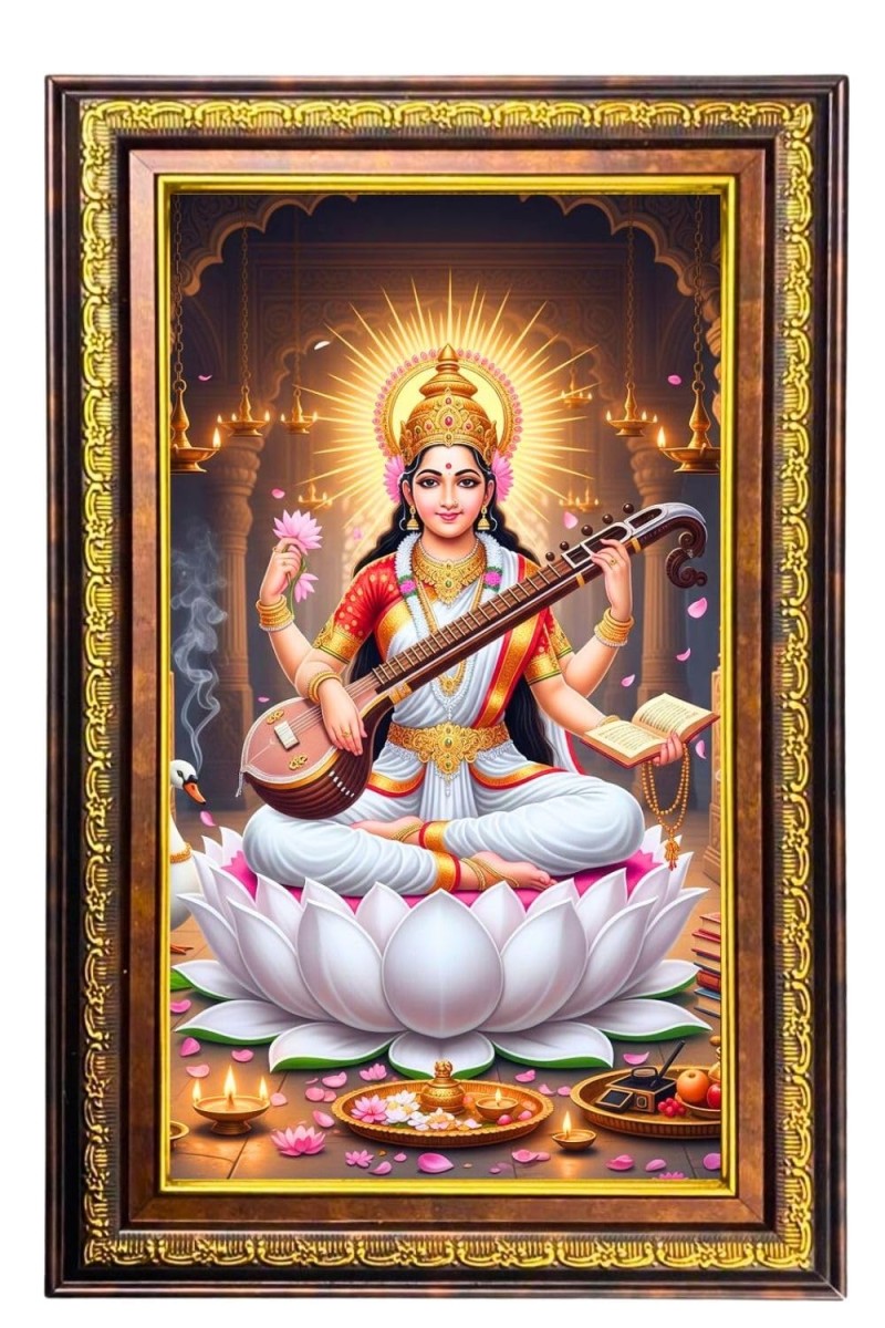 Goddess Saraswathi Digital Golden Balck Color Photo Frame | Hindu Religious Wall Decor | 10x16 Inches - Inspirational Wall Art For Office, Home Decor - Ideal Spiritual Gift (F16667)