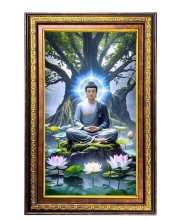 Serene Buddha Digital Golden Balck Color Photo Frame | Hindu Religious Wall Decor | 16x22 Inches - Inspirational Wall Art For Office, Home Decor - Ideal Spiritual Gift (F16656)