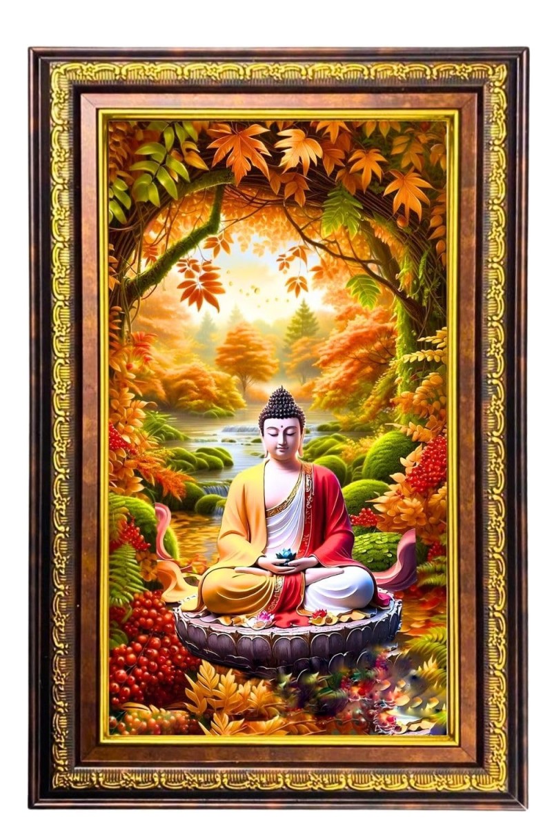 Serene Buddha Digital Golden Balck Color Photo Frame | Hindu Religious Wall Decor | 16x22 Inches - Inspirational Wall Art For Office, Home Decor - Ideal Spiritual Gift (F16842)