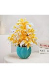 HiTechMart Artificial Yellow & White Flower Pot with Blue Textured Vase | Realistic Faux Flower Pot for Home & Office Décor | Low-Maintenance Tabletop Decoration | Gift for Housewarming & Festivals