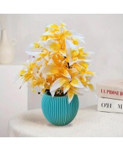 HiTechMart Artificial Yellow & White Flower Pot with Blue Textured Vase | Realistic Faux Flower Pot for Home & Office Décor | Low-Maintenance Tabletop Decoration | Gift for Housewarming & Festivals