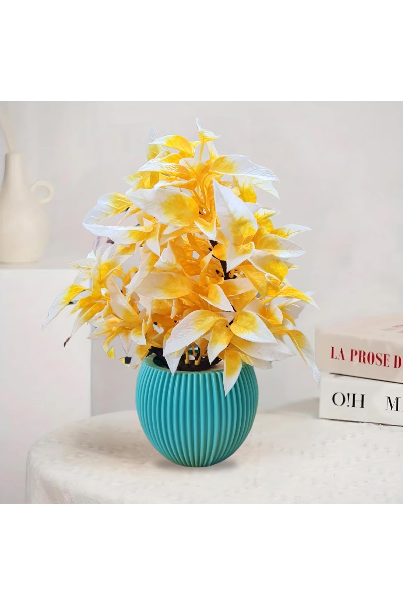 HiTechMart Artificial Yellow & White Flower Pot with Blue Textured Vase | Realistic Faux Flower Pot for Home & Office Décor | Low-Maintenance Tabletop Decoration | Gift for Housewarming & Festivals