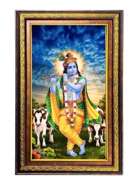 Lord Krishna Digital Golden Balck Color Photo Frame | Hindu Religious Wall Decor | 12x18 Inches - Inspirational Wall Art For Office, Home Decor - Ideal Spiritual Gift (F16514)