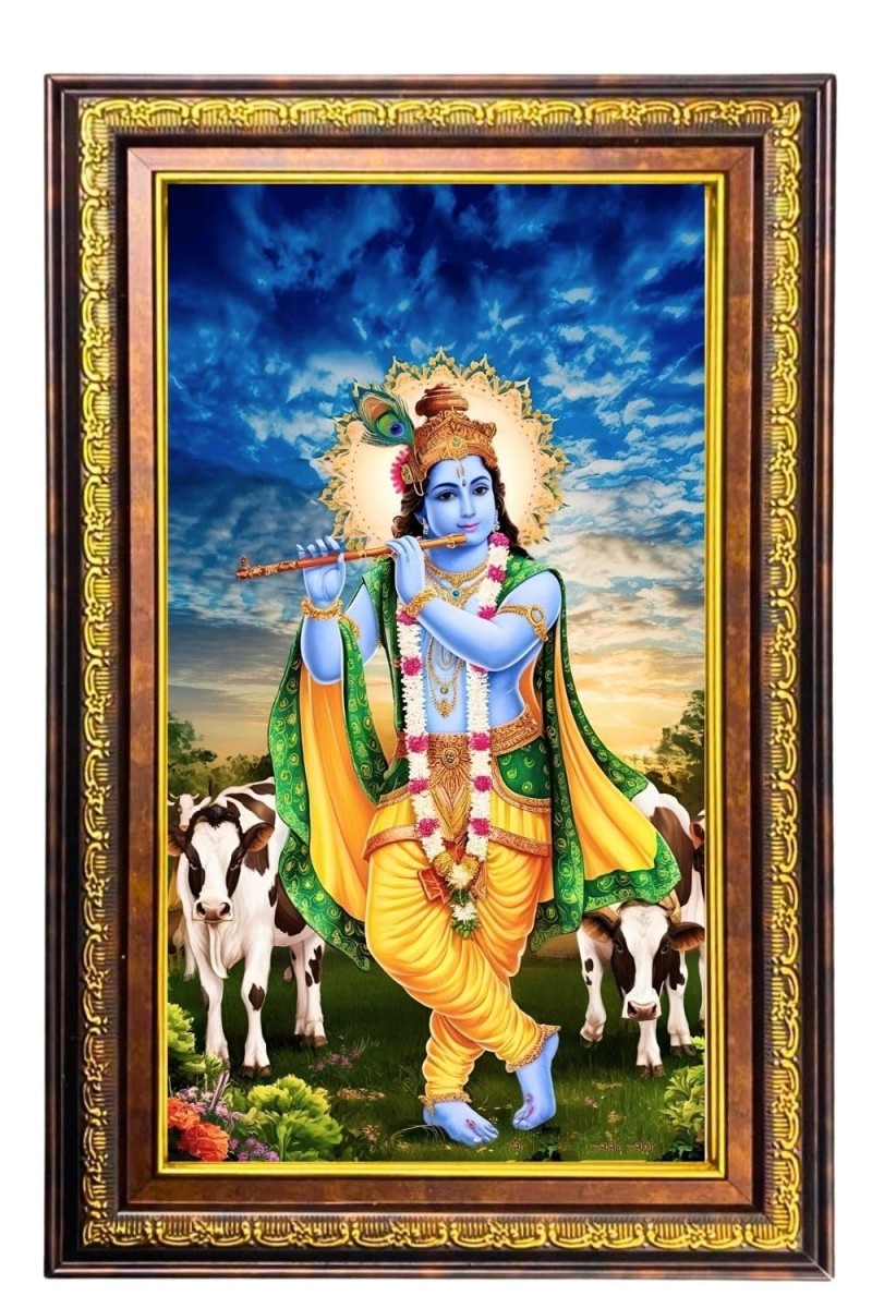 Lord Krishna Digital Golden Balck Color Photo Frame | Hindu Religious Wall Decor | 18x24 Inches - Inspirational Wall Art For Office, Home Decor - Ideal Spiritual Gift (F16514)