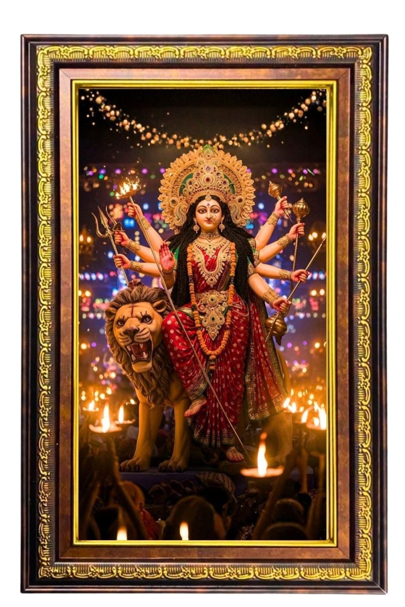 Goddess Durga Digital Golden Balck Color Photo Frame | Hindu Religious Wall Decor | 16x22 Inches - Inspirational Wall Art For Office, Home Decor - Ideal Spiritual Gift (F16903)