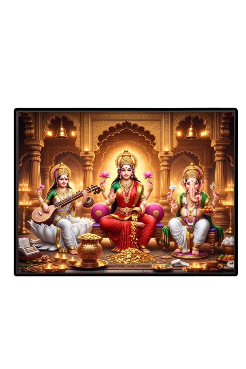 Lord Ganesha Maa Laxmi Saraswati Laminated Photo - 7x9 Inches, Divine Blessings For Home & Office And Temple Decoration (F16107)