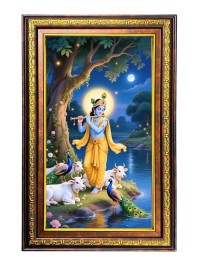Lord Krishna Digital Golden Balck Color Photo Frame | Hindu Religious Wall Decor | 16x22 Inches - Inspirational Wall Art For Office, Home Decor - Ideal Spiritual Gift (F16480)