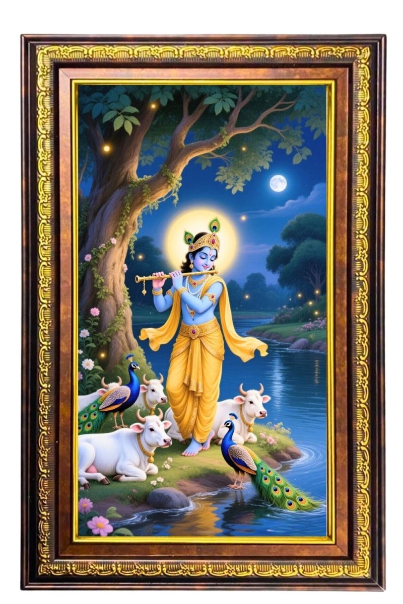 Lord Krishna Digital Golden Balck Color Photo Frame | Hindu Religious Wall Decor | 18x24 Inches - Inspirational Wall Art For Office, Home Decor - Ideal Spiritual Gift (F16480)
