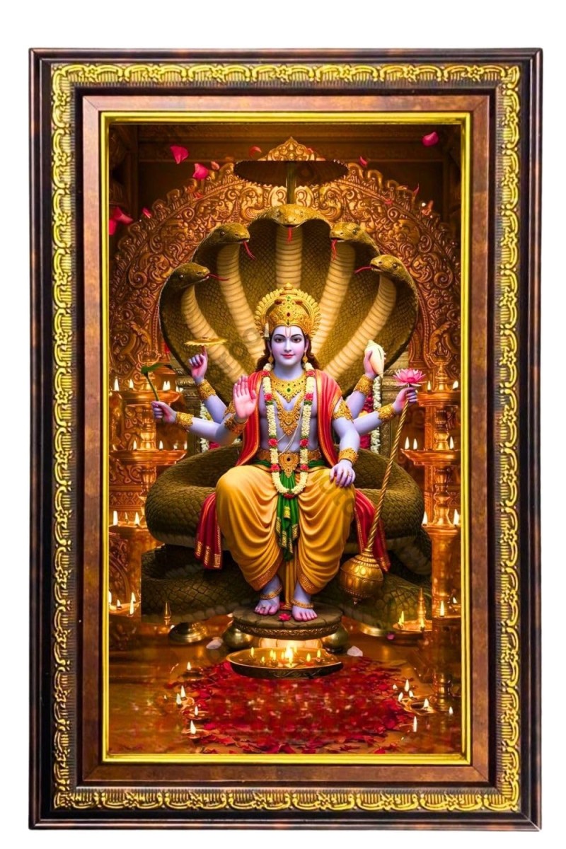 Lord Vishnu Digital Golden Balck Color Photo Frame | Hindu Religious Wall Decor | 16x22 Inches - Inspirational Wall Art For Office, Home Decor - Ideal Spiritual Gift (F16560)