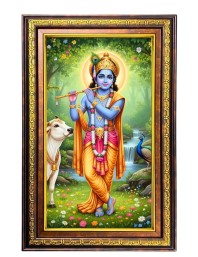 Lord Krishna Digital Golden Balck Color Photo Frame | Hindu Religious Wall Decor | 14x20 Inches - Inspirational Wall Art For Office, Home Decor - Ideal Spiritual Gift (F16796)