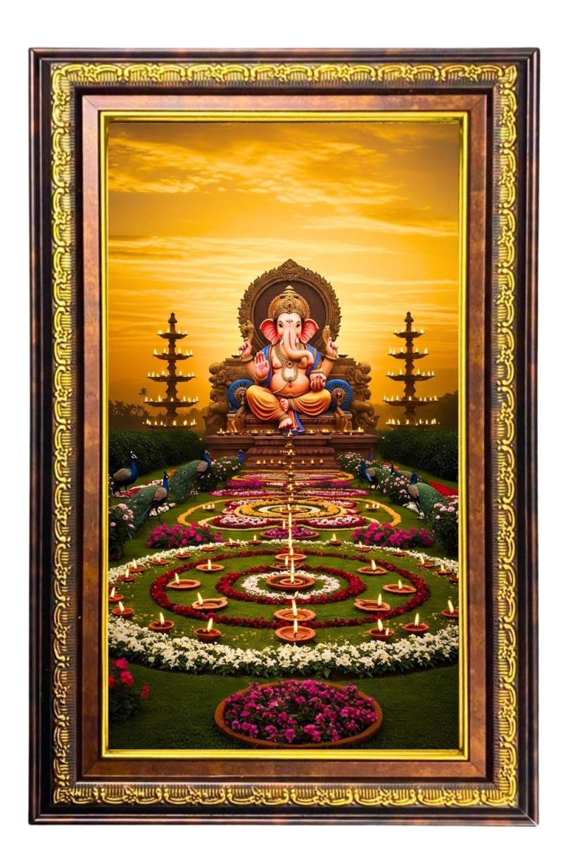 Lord Ganesha Digital Golden Balck Color Photo Frame | Hindu Religious Wall Decor | 10x16 Inches - Inspirational Wall Art For Office, Home Decor - Ideal Spiritual Gift (F16585)