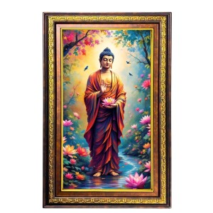 Serene Buddha Digital Golden Balck Color Photo Frame | Hindu Religious Wall Decor | 10x16 Inches - Inspirational Wall Art For Office, Home Decor - Ideal Spiritual Gift (F16482)