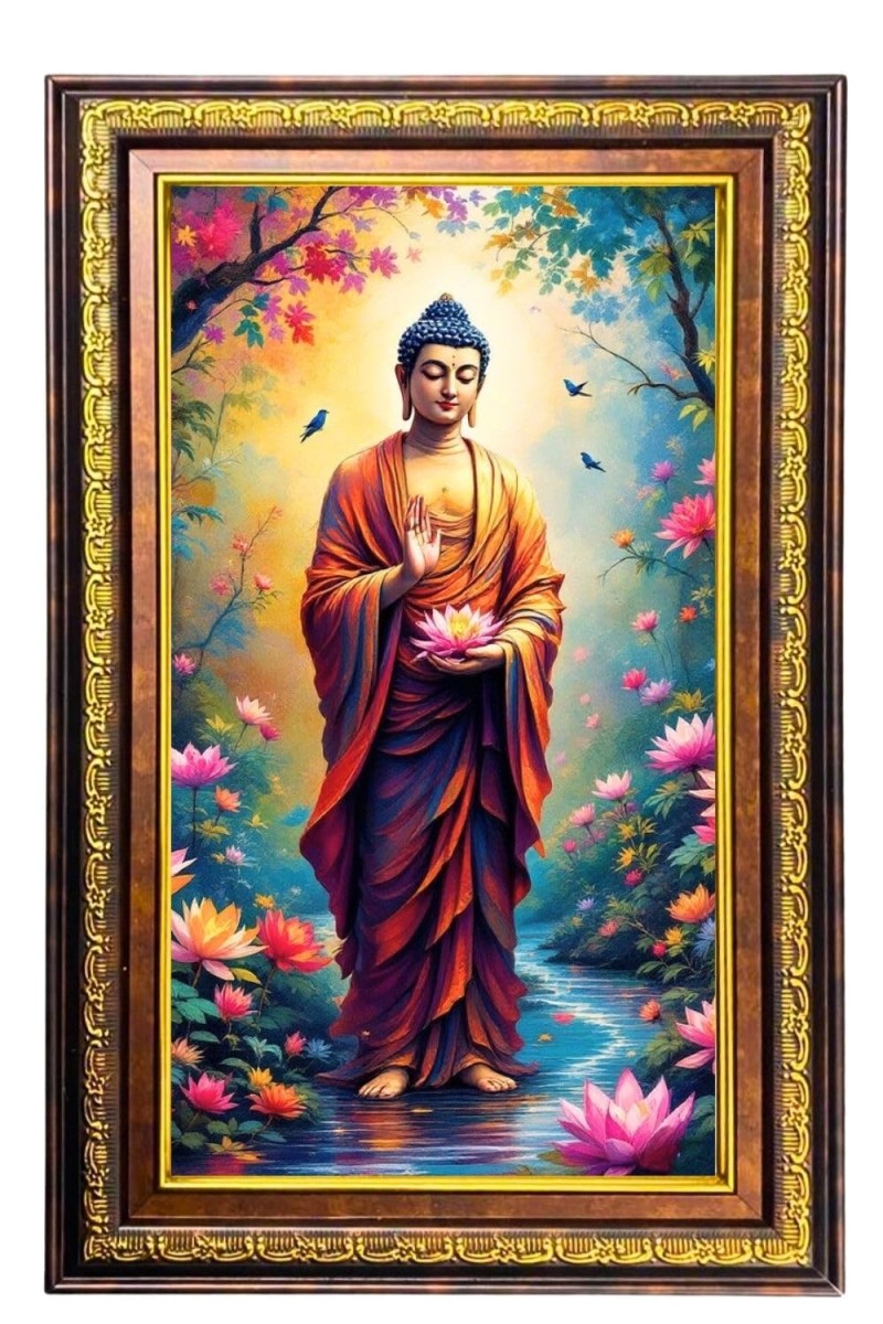 Serene Buddha Digital Golden Balck Color Photo Frame | Hindu Religious Wall Decor | 16x22 Inches - Inspirational Wall Art For Office, Home Decor - Ideal Spiritual Gift (F16482)