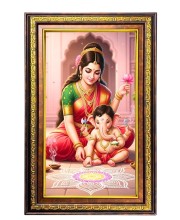 Goddess Parvathi With Ganesha Digital Golden Balck Color Photo Frame | Hindu Religious Wall Decor | 16x22 Inches - Inspirational Wall Art For Office, Home Decor - Ideal Spiritual Gift (F16881)