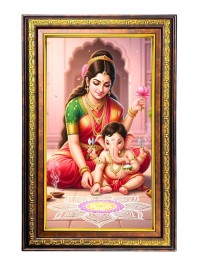 Goddess Parvathi With Ganesha Digital Golden Balck Color Photo Frame | Hindu Religious Wall Decor | 10x16 Inches - Inspirational Wall Art For Office, Home Decor - Ideal Spiritual Gift (F16881)