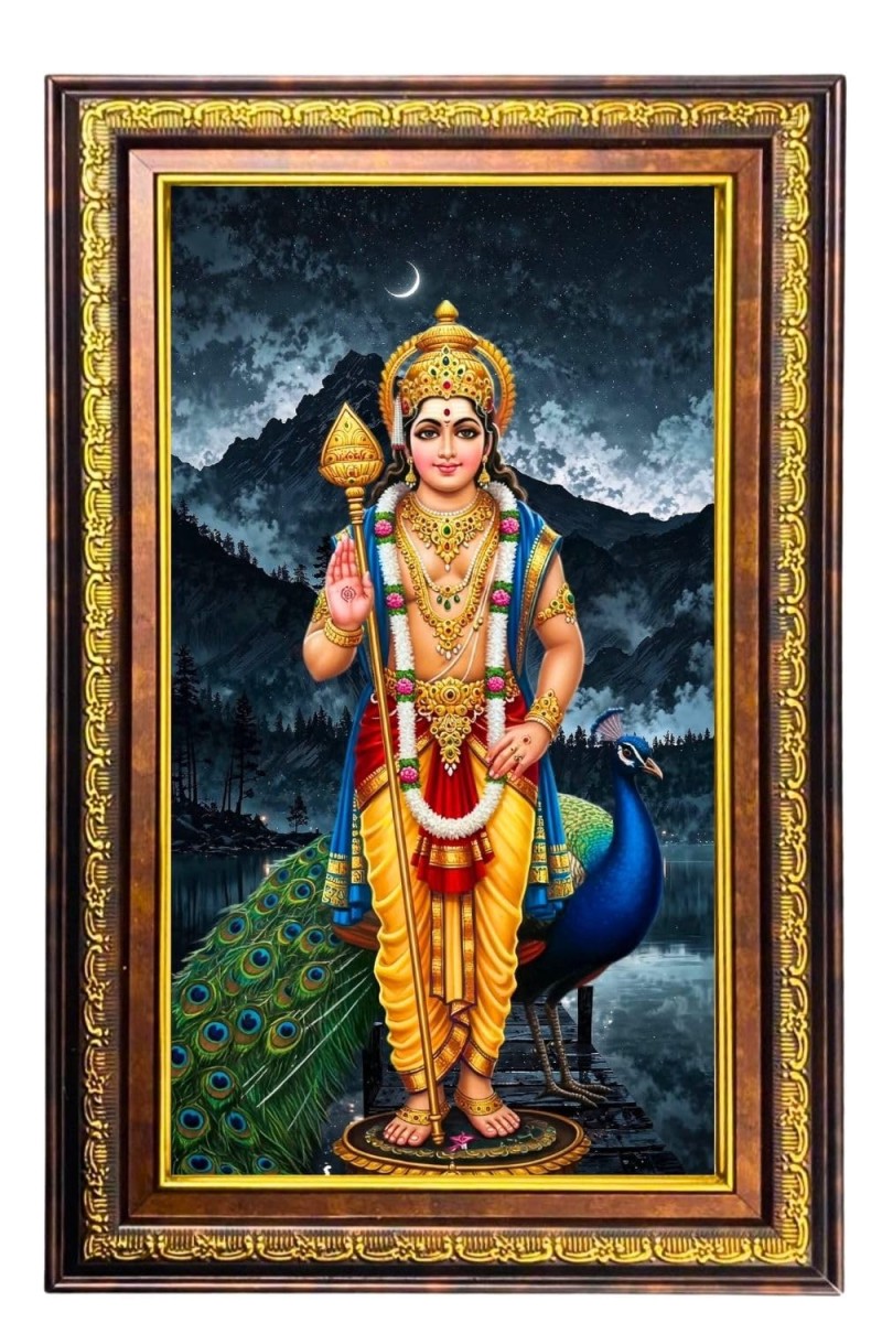 Lord Karthikeya Digital Golden Balck Color Photo Frame | Hindu Religious Wall Decor | 10x16 Inches - Inspirational Wall Art For Office, Home Decor - Ideal Spiritual Gift (F16465)