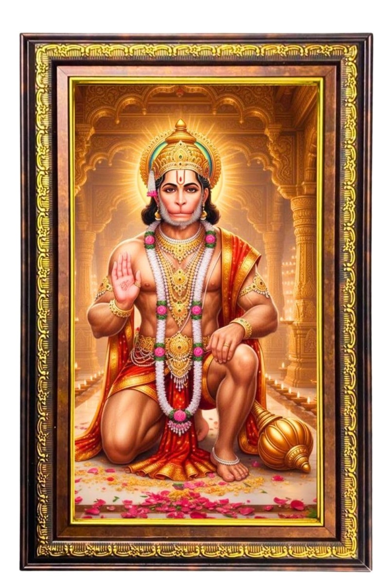 Lord Hanuman Digital Golden Balck Color Photo Frame | Hindu Religious Wall Decor | 10x16 Inches - Inspirational Wall Art For Office, Home Decor - Ideal Spiritual Gift (F16703)