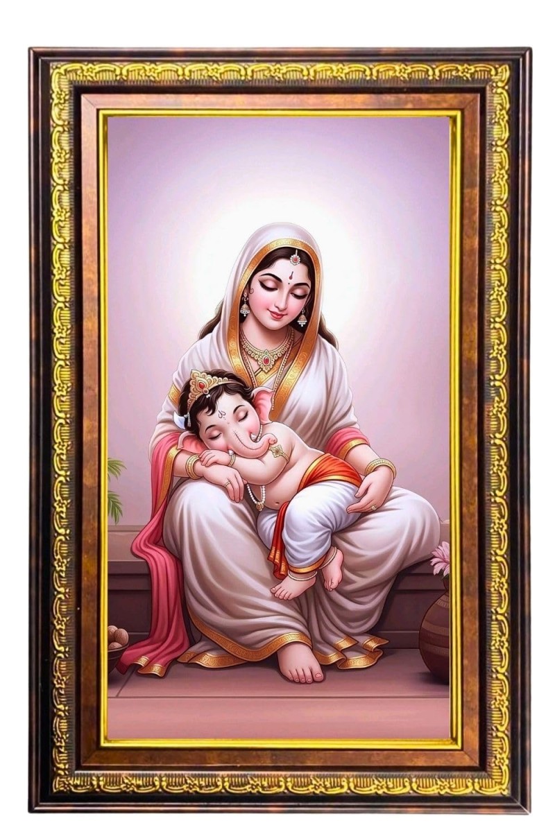 Lord Gabnesha And Parvathi Digital Golden Balck Color Photo Frame | Hindu Religious Wall Decor | 16x22 Inches - Inspirational Wall Art For Office, Home Decor - Ideal Spiritual Gift (F16466)