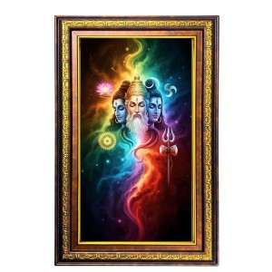 Bramha Vishnu Shiva Digital Golden Balck Color Photo Frame | Hindu Religious Wall Decor | 12x18 Inches - Inspirational Wall Art For Office, Home Decor - Ideal Spiritual Gift (F16499)