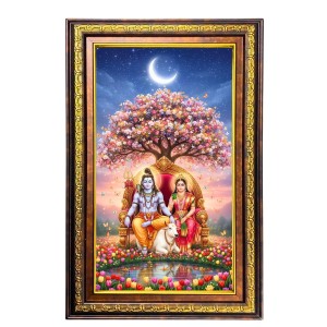 Lord Shiva Parvathi Digital Golden Balck Color Photo Frame | Hindu Religious Wall Decor | 14x20 Inches - Inspirational Wall Art For Office, Home Decor - Ideal Spiritual Gift (F16723)