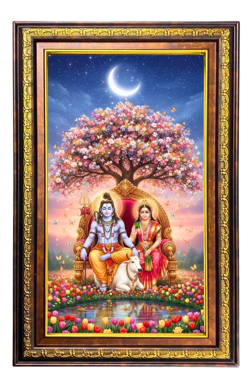Lord Shiva Parvathi Digital Golden Balck Color Photo Frame | Hindu Religious Wall Decor | 16x22 Inches - Inspirational Wall Art For Office, Home Decor - Ideal Spiritual Gift (F16723)