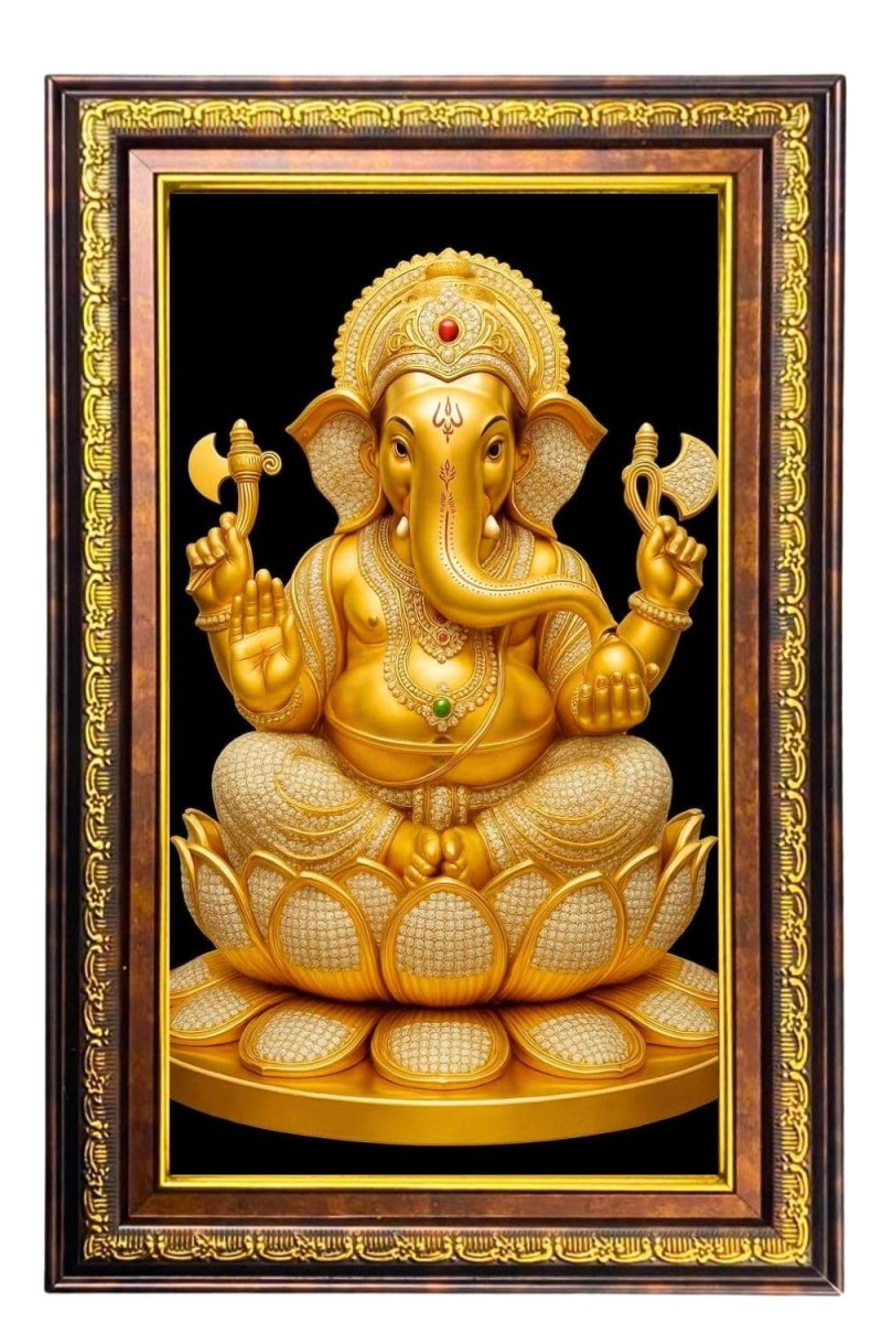 Lord Ganesha Digital Golden Balck Color Photo Frame | Hindu Religious Wall Decor | 12x18 Inches - Inspirational Wall Art For Office, Home Decor - Ideal Spiritual Gift (F16660)