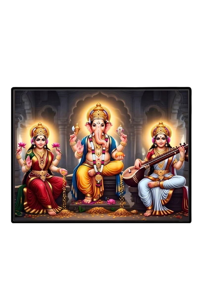 Lord Ganesha Maa Laxmi Saraswati Laminated Photo - 7x9 Inches, Divine Blessings For Home & Office And Temple Decoration (F16146)