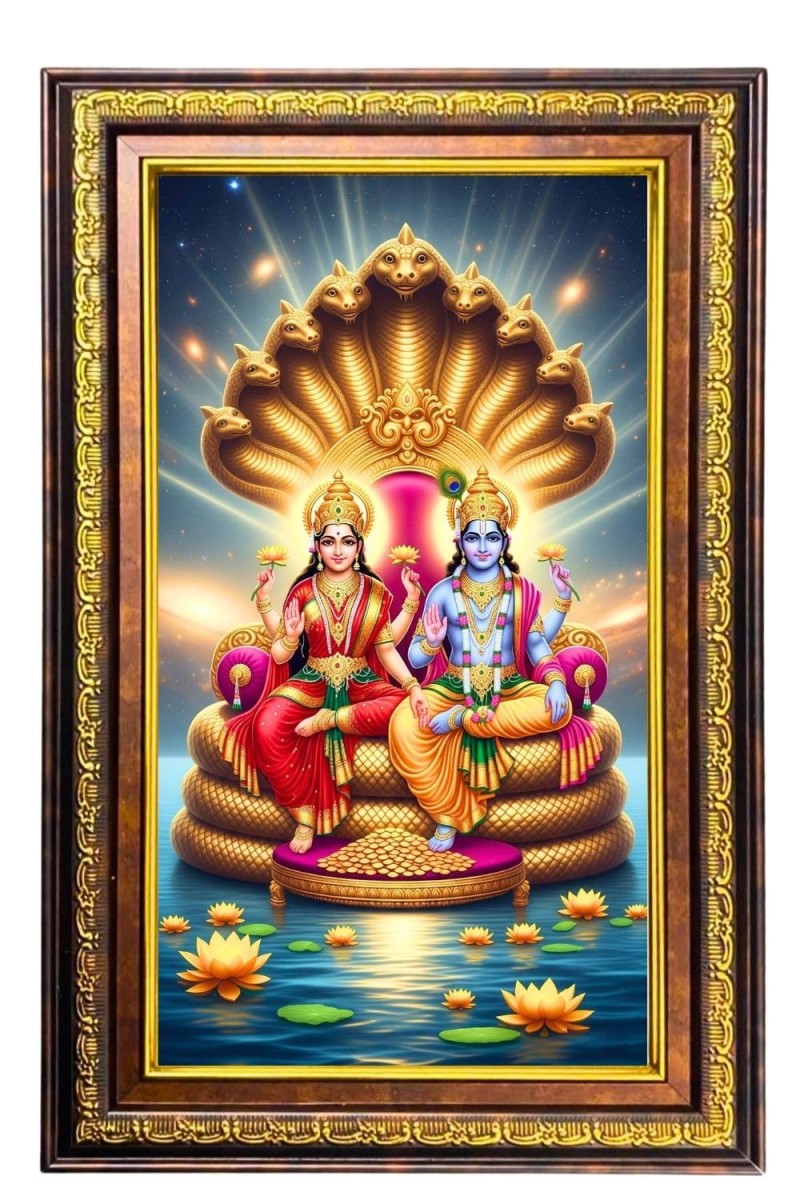 Lord Vishnu And Lakshmi Digital Golden Balck Color Photo Frame | Hindu Religious Wall Decor | 16x22 Inches - Inspirational Wall Art For Office, Home Decor - Ideal Spiritual Gift (F16807)