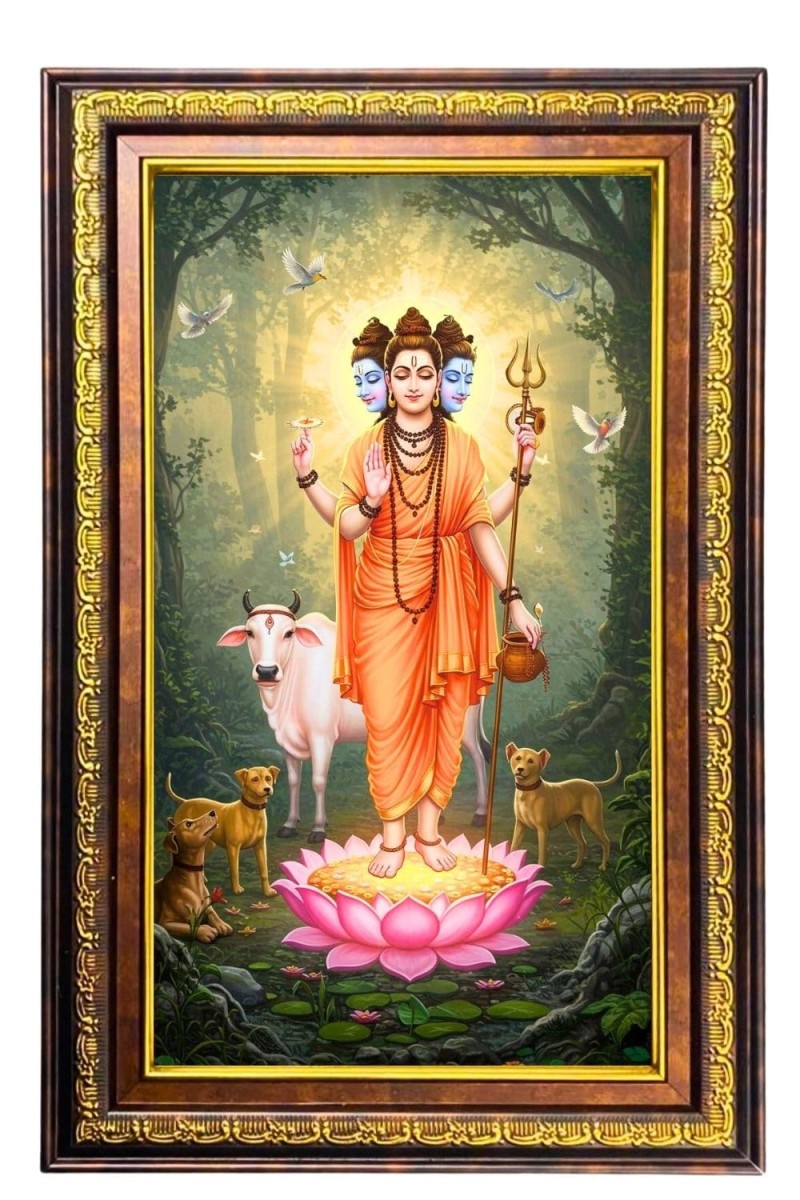 Lord Dattatreya Digital Golden Balck Color Photo Frame | Hindu Religious Wall Decor | 16x22 Inches - Inspirational Wall Art For Office, Home Decor - Ideal Spiritual Gift (F16666)